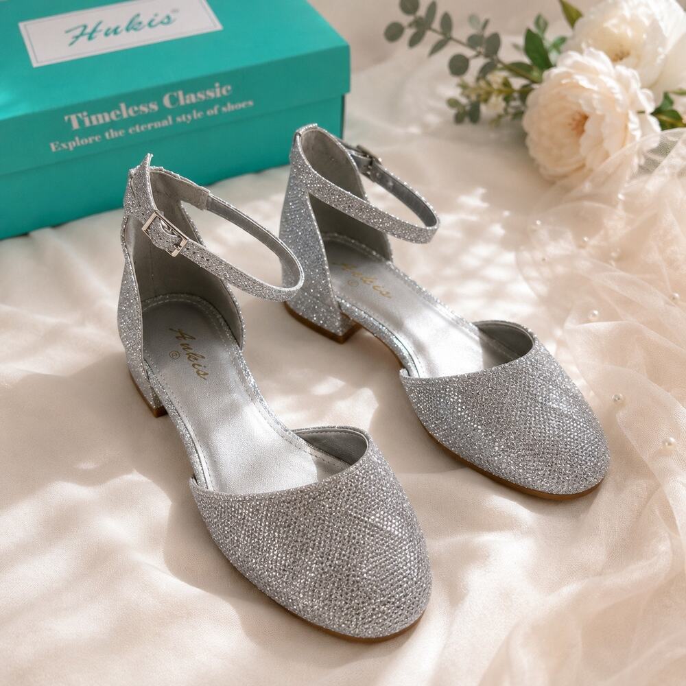 Women’s Silver Glitter Ankle Strap Flats Size 5 Wedding Party Shoes NIB